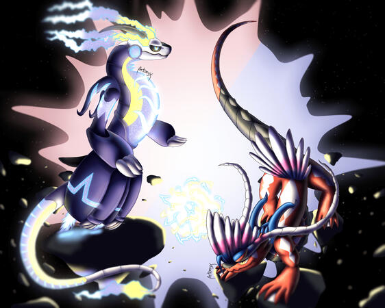 Two fully rendered full-bodies with slightly complex background (Miraidon and Koraidon from the Pokémon franchise) - 70€