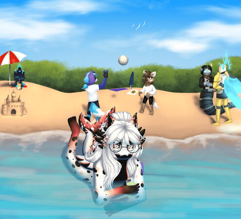 Fully rendered full-body with complex background and 5 minimally shaded simple characters (character in front belongs to Lei/@va.star, those in back belong to me and Lei, as well as Sebastian Solace from Pressure and Gabriel from ULTRAKILL) - 120€